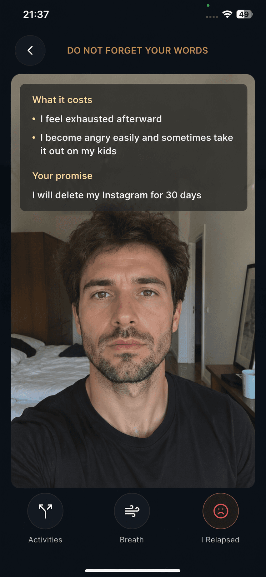 UrgeZero emergency mode showing a personal reminder with quick access to activities, breathing, and relapse check-in
