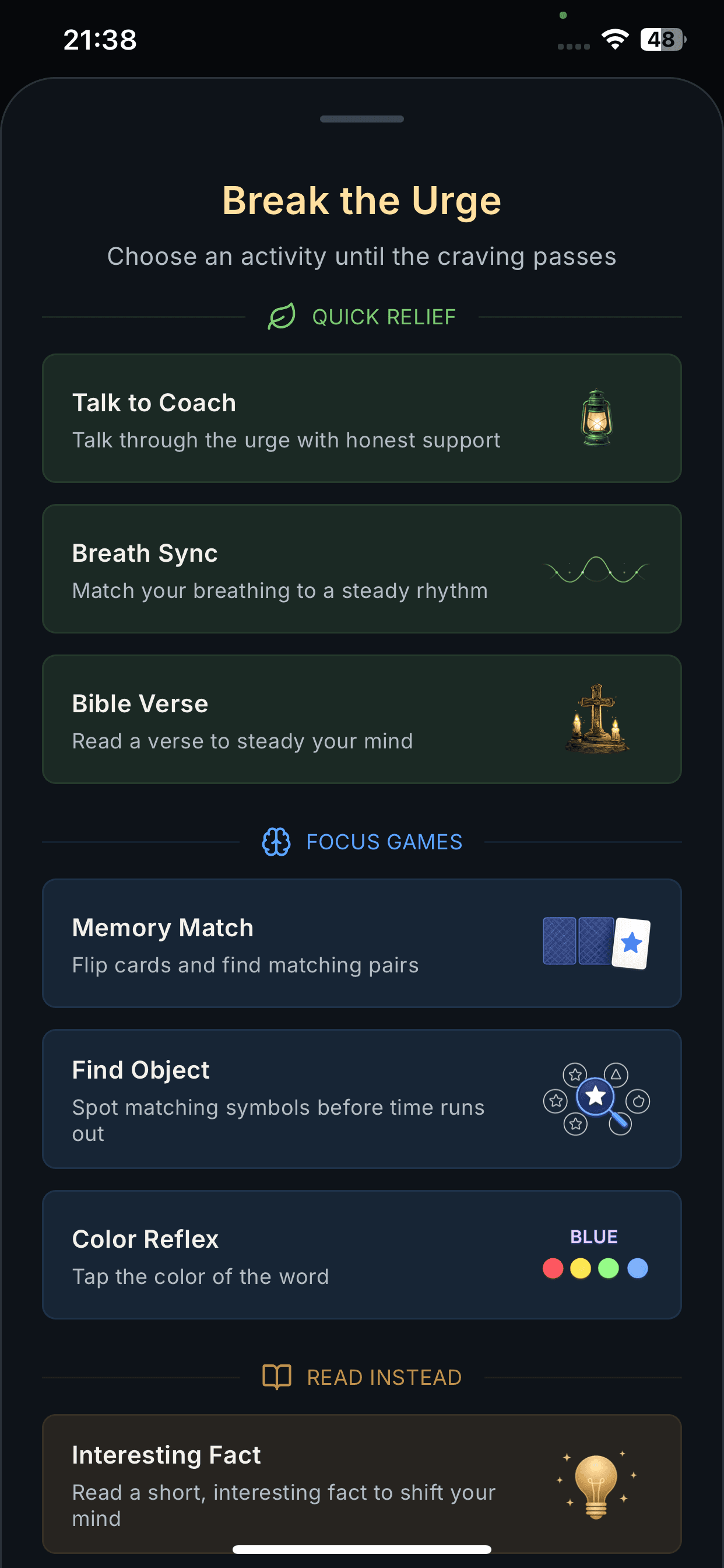 UrgeZero activity menu with Coach, Breath Sync, Bible verses, focus games, facts, and stories