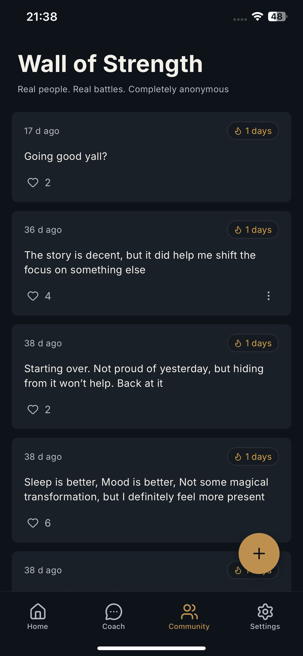 UrgeZero Wall of Strength showing anonymous community posts and streaks